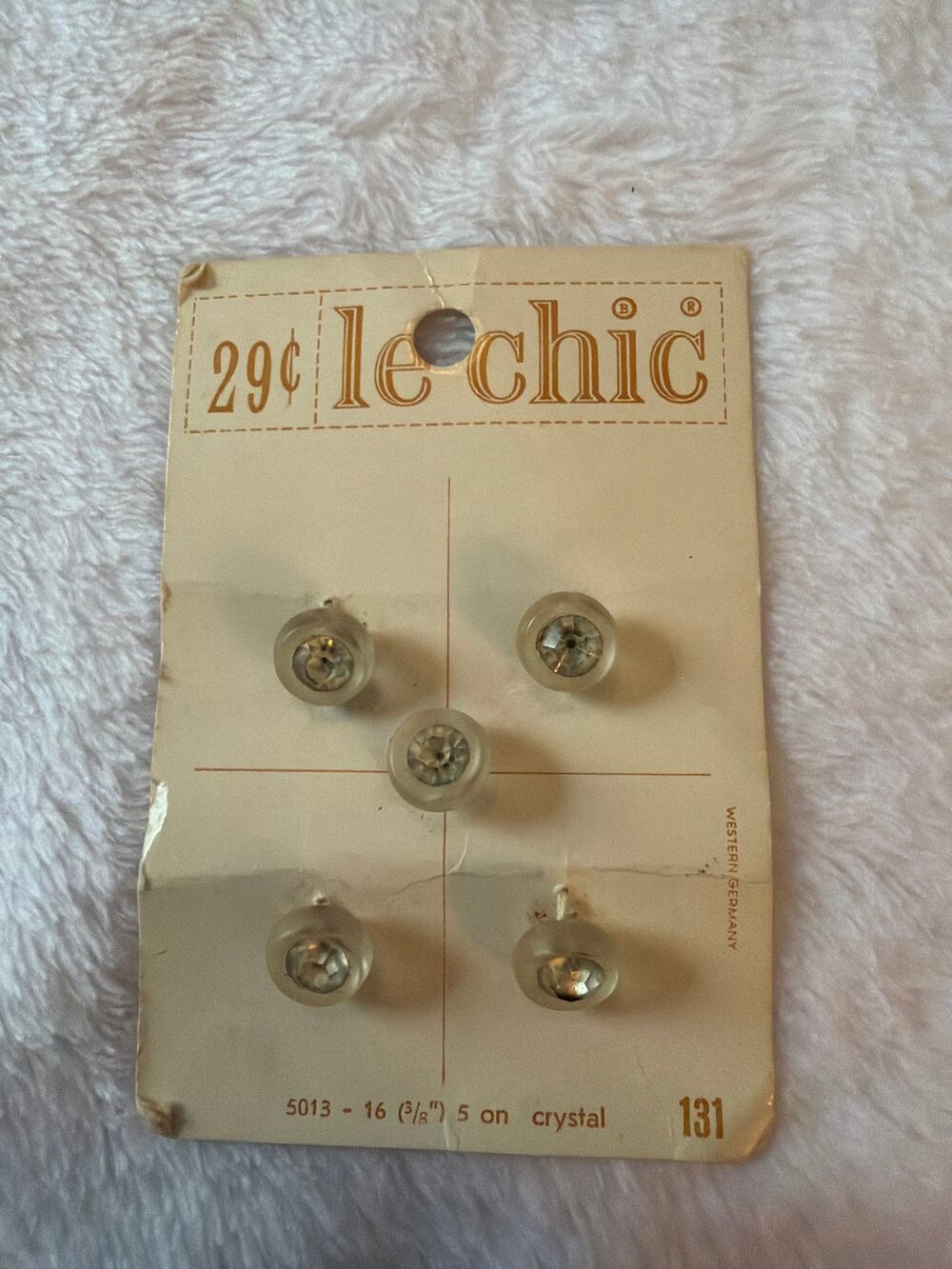 Vintage Le Chic Crystal Clear Shank Buttons 3/8" Western Germany Set of 5 Notion